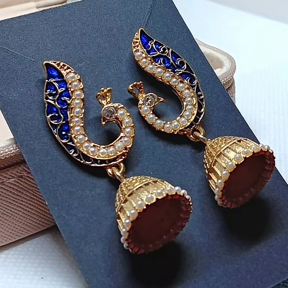 Gold toned and Blue Peacock Pierced .Earrings